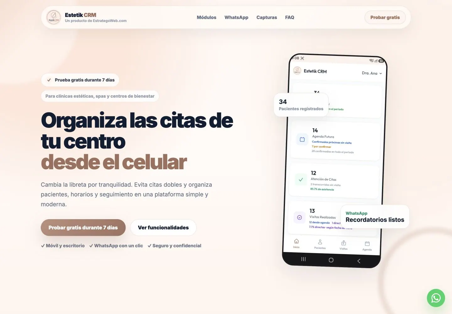 Captura de la web de Estetik CRM